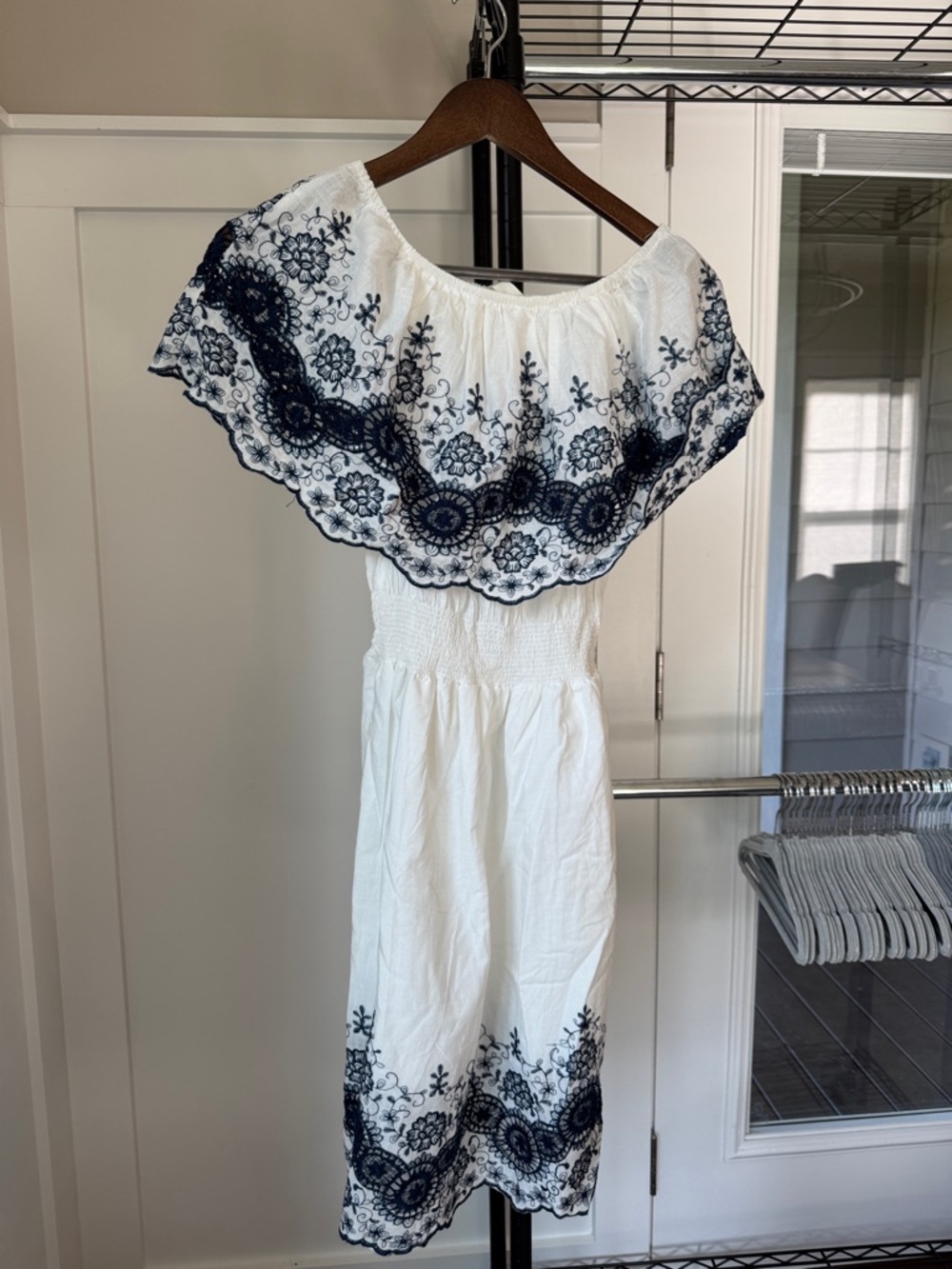 Authentic Greek White off-Shoulder Dress with Navy Embroidery